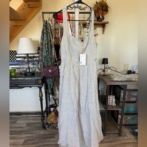 Quince 100% Linen Striped Midi Dress Pockets Blue & White NWT Size M